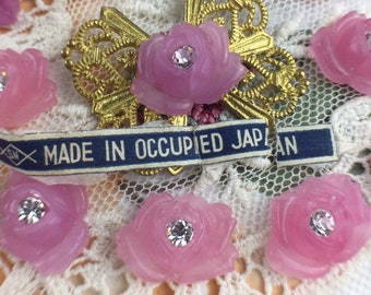 Vintage Japanese Occupation Glass Large Pink Flower Rose Cabochons with in tact Crystal Stones 11x15mm (4pcs)