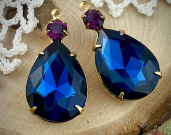 Montana Blue and Amethyst Rhinestone Teardrop Pendants / Drops / Charms In Gold Tone - 26mm - 2 Pieces