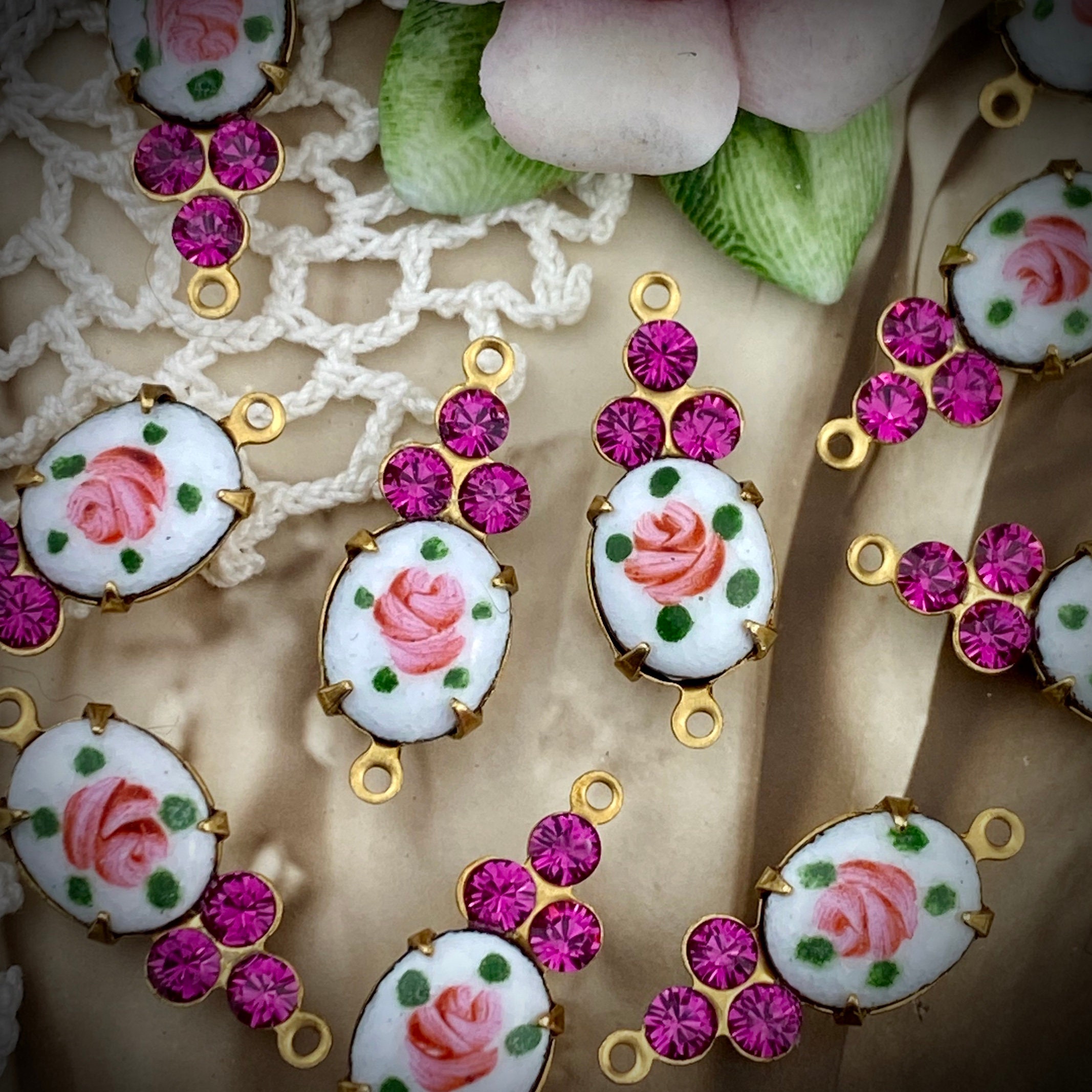 Vintage Hand Painted Enamel Pink Rose With Swarovski Fuchsia