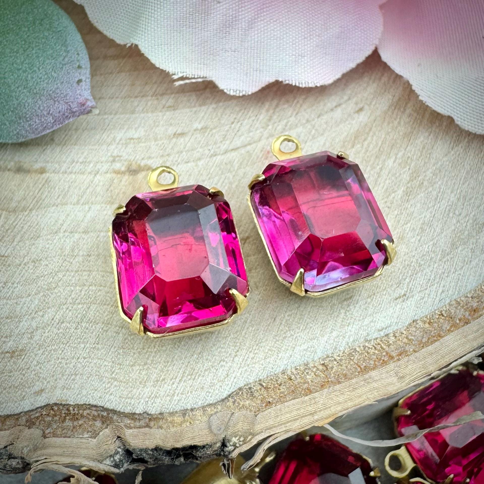 Vintage Fuchsia Rectangle Faceted Rhinestone Drops / Charms - 15mm - 2 ...