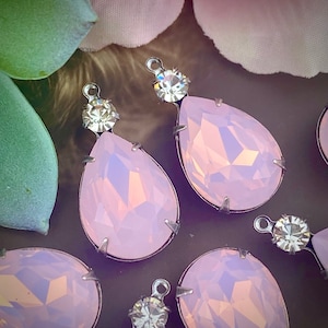 Milky Pink Opal Rhinestone Teardrop Drops / Pendants Embellished With Swarovski Crystal 26mm - 2 Pieces