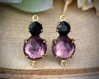 Gorgeous Amethyst Rose Cut And Swarovski Jet Black Connectors - 18mm - 2 Pieces