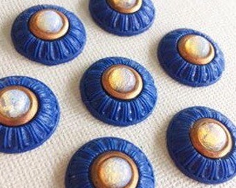 Vintage Cobalt Blue and Fire Opal Czechoslovakian Art Deco Glass and Brass Cabochons 20mm (2pcs)
