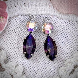Vintage Swarovski Heliotrope And Crystal Ab Rhinestone Marquis Drops / Charms In Silver Tone - 18mm - 4 Pieces