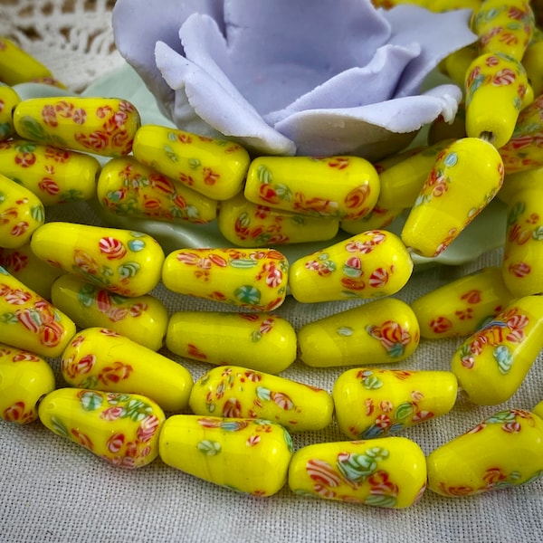 Vintage Japanese Occupation Vibrant Yellow Tombo Glass / Millifiori Teardrop Beads (4 Pcs)