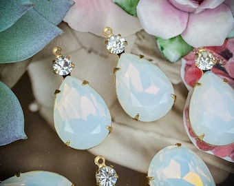 Milky White Opal and Crystal Large Teardrop Drops - 36mm - 2 Pieces