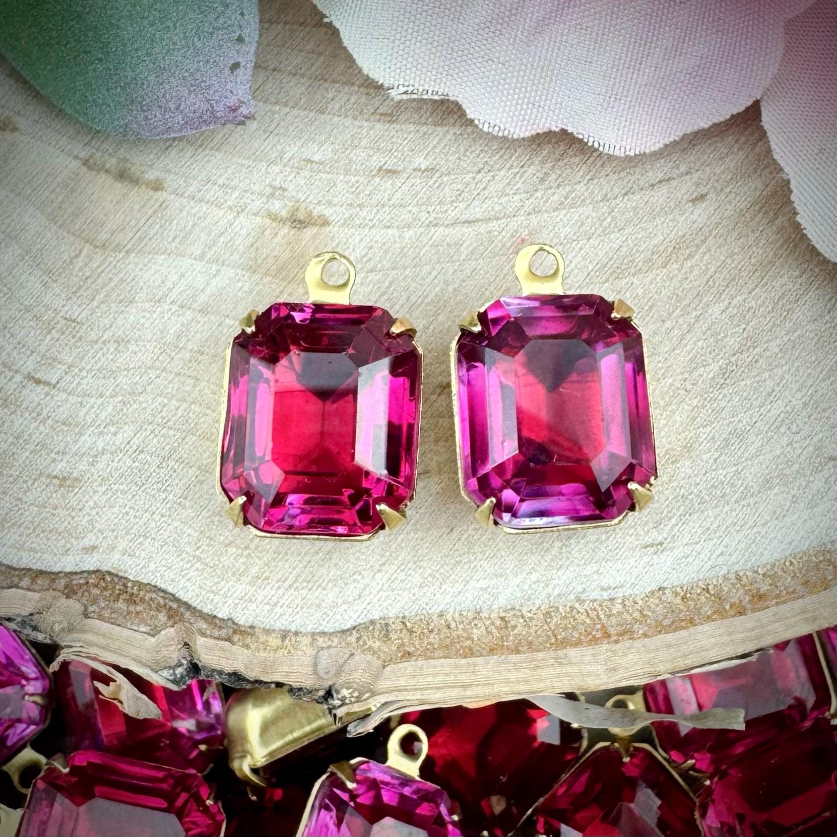 Vintage Fuchsia Rectangle Faceted Rhinestone Drops / Charms - 15mm - 2 ...