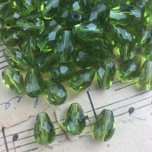 Olivine Green Faceted 10x7mm Teardrop Czech Fire Polished Beads (25pcs or 300pcs)