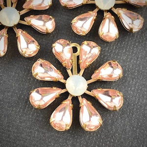 vintage light rose-y pink mirrored flowers with white opal centers Drops pendants charms components (1 piece)
