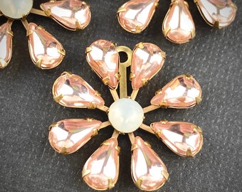 vintage light rose-y pink mirrored flowers with white opal centers Drops pendants charms components (1 piece)