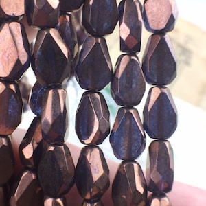 Tanzanite Purple Bronze Luster Table Cut Faceted 10x7mm Teardrop Czech Fire Polished Beads (25pcs or 300pcs)