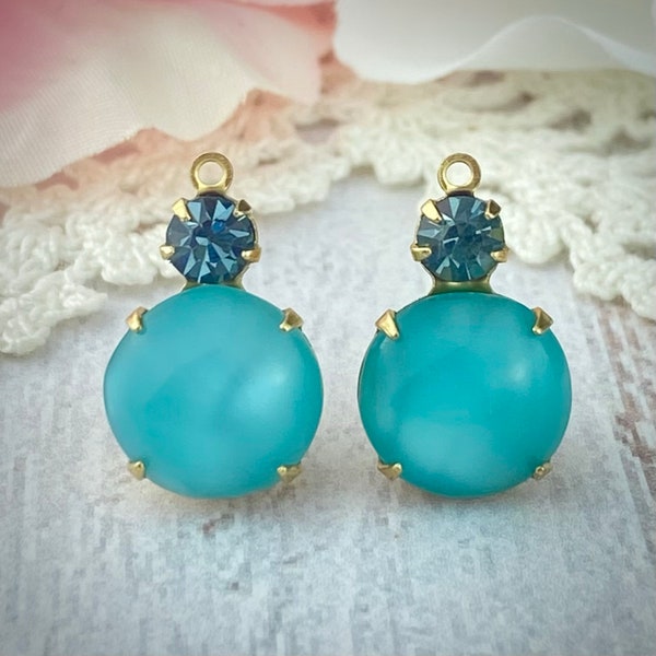 Gorgeous Aqua Moonglow Glass / Silk Glass And Swarovski Indian Sapphire Drops - 19mm - 2 Pieces