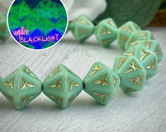 Czech Vintage Reproduction Pressed Glass Bicone Beads In Opaque Mint Green Uranium Uv - 11mm - 12 Pieces