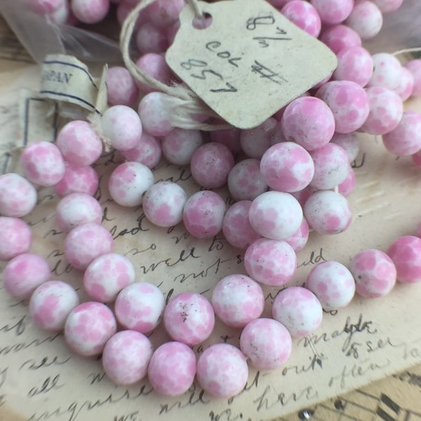 Vintage Japanese Occupation Pink Quartz Peking Glass 8mm Round Beads (50pcs)