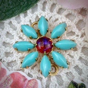 Turquoise Blue Daisy Connectors In Gold Tone With Dragon’s Breath Centers  - 24mm - 1 Piece