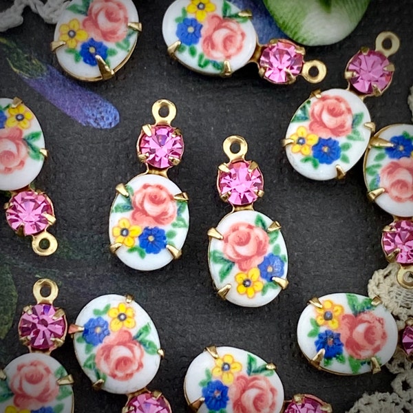 Vintage flower floral limogé Swarovski Rose pink rhinestone drops pendants (2 pieces)
