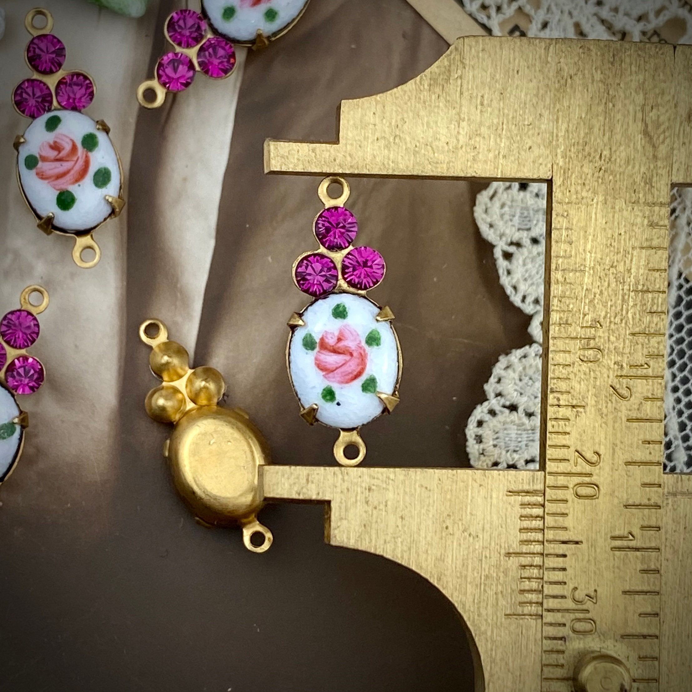 Vintage Hand Painted Enamel Pink Rose With Swarovski Fuchsia