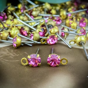 Swarovski Rose Pink Earring Studs With Loops - Raw Brass / Surgical Steel Post - 4mm stone - 2 pair (4 Pieces)