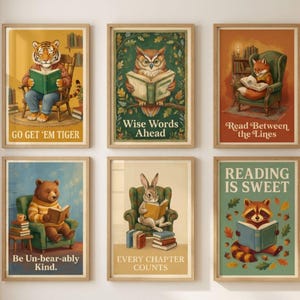 May include: Six framed wall art prints featuring anthropomorphic animals reading books. The illustrations include a tiger, owl, fox, bear, rabbit, and raccoon, each with unique text captions like Go Get 'Em Tiger, Wise Words Ahead, and Reading Is Sweet.