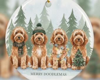 Merry Doodlemas Goldendoodle Family Ornament | Ceramic Round Christmas Ornament