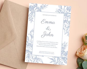 May include: A wedding invitation with a floral design in light blue, featuring the names "Emma & John." The invitation includes event details and is accompanied by a brown envelope. The text reads "Witness Love Eternal."