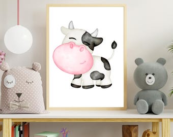 Cute Cow Nursery Wall Art | 8x10 Baby Animal Print | Farm Animal Decor for Kids Room or Baby Shower Gift | Instant Download