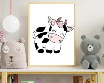 Cute Cow Nursery Wall Art | 8x10 Baby Animal Print | Farm Animal Decor for Kids Room or Baby Shower Gift | Instant Download