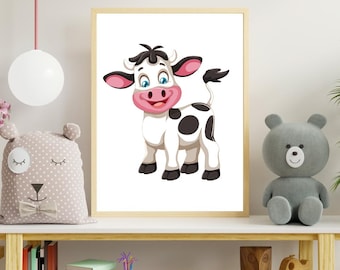Cute Cow Nursery Wall Art | 8x10 Baby Animal Print | Farm Animal Decor for Kids Room or Baby Shower Gift | Instant Download