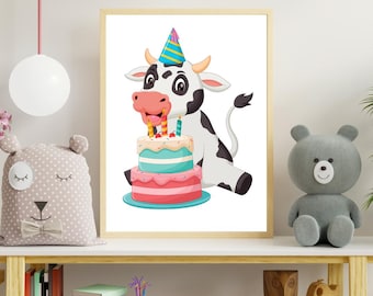 Cute Cow Nursery Wall Art | 8x10 Baby Animal Print | Farm Animal Decor for Kids Room or Baby Shower Gift | Instant Download