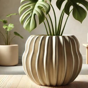 Puede incluir: Una gran maceta de cerámica beige y acanalada contiene una exuberante planta de Monstera con hojas grandes, verdes y divididas. Otra planta más pequeña en una maceta similar está en el fondo. Una pequeña suculenta se encuentra en una mesa auxiliar de madera.