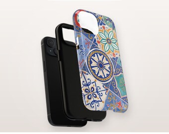 Telefoonhoesje met mediterrane tegels en MagSafe-compatibiliteit, blauw mozaïek magnetisch iPhone-hoesje, Azulejo Art