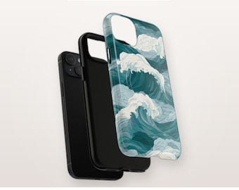 Telefoonhoesje met oceaan golfmotief en MagSafe-compatibiliteit, stevig magnetisch iPhone-hoesje met Japanse golfprint, strandesthetiek.