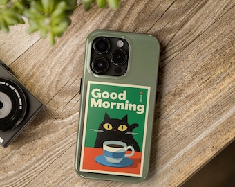 Goedemorgen Koffie Kat iPhone 17 Stevig Telefoonhoesje | Vintage Groen