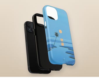 Minimalistische Palm MagSafe telefoonhoes met zonsondergangprint, retro magnetische iPhone-hoes met strandthema, tropische uitstraling.
