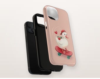 Skateboard Eendje MagSafe Compatibel Telefoonhoesje, Leuk Roze Magnetisch Stevig iPhone Hoesje, Grappig Eendje Cadeau