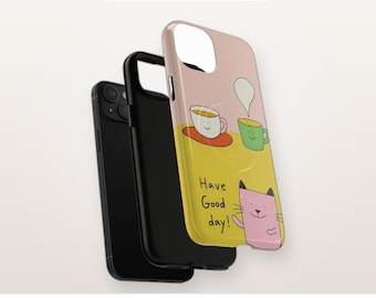 Telefoonhoesje met kat en koffie, compatibel met MagSafe, schattig magnetisch en stevig iPhone-hoesje, cadeau voor kattenliefhebbers met een kopje koffie.