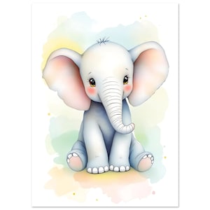 Baby Elephant Nursery Wall Art | Watercolor Print | Sorbet Pink Mint Yellow | Premium Matte Poster | Kids Room Decor | 2 Variations