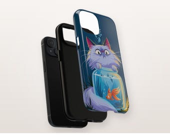 Telefoonhoesje met kat en goudvis, compatibel met MagSafe, speels magnetisch en stevig iPhone-hoesje, cadeau voor kattenliefhebbers