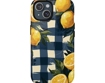 Stevig magnetisch telefoonhoesje met citroenruitjespatroon — Blauw geruit citrusdesign