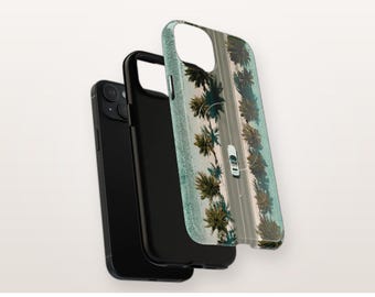 Palm Road MagSafe-compatibel telefoonhoesje, robuust magnetisch iPhone-hoesje met luchtfoto van een kustweg, strandvibes