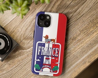 Stevige telefoonhoes met Franse vlag en teckelmotief — Beschermhoes met Eiffeltorenmotief voor op reis
