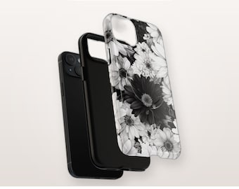 Zwart-wit telefoonhoesje met madeliefjesmotief, compatibel met MagSafe, monochroom bloemenpatroon, magnetisch en robuust iPhone-hoesje