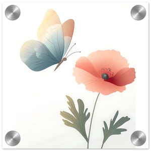 Minimalist Butterfly & Poppy Flower Acrylic Print - Elegant Nature Decor