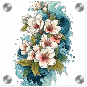 Floral Wave Art Print – Elegant Blossom and Ocean Illustration, Nature-Inspired Wall Decor, Botanical Watercolor Acrylic Print