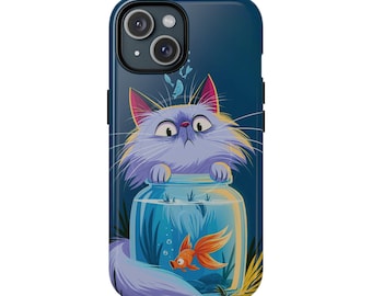 Magnetisch telefoonhoesje met stevige afwerking — Speelse illustratie van een kat en een goudvis
