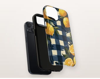 Citroenruitjes MagSafe-compatibel telefoonhoesje, blauw geruit citrus magnetisch stevig iPhone-hoesje, Cottagecore