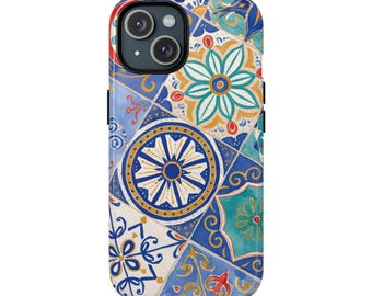 Magnetische telefoonhoes met mediterrane tegels — Stevige hoes met blauw bloemenmozaïek