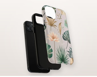 Tropisch boho telefoonhoesje met MagSafe-compatibiliteit, palmbladmotief, gouden bloemenprint, magnetisch en robuust iPhone-hoesje