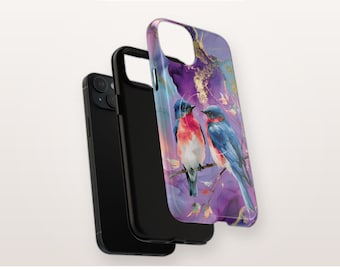 Telefoonhoesje met aquarelprint van een vogelpaar en MagSafe-compatibiliteit, paars bloemenpatroon, magnetisch en stevig iPhone-hoesje, cadeau voor vogelliefhebbers