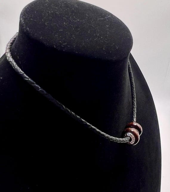 Authentic Pandora Sterling Silver 925 ALE Charms braided leather necklace, marked